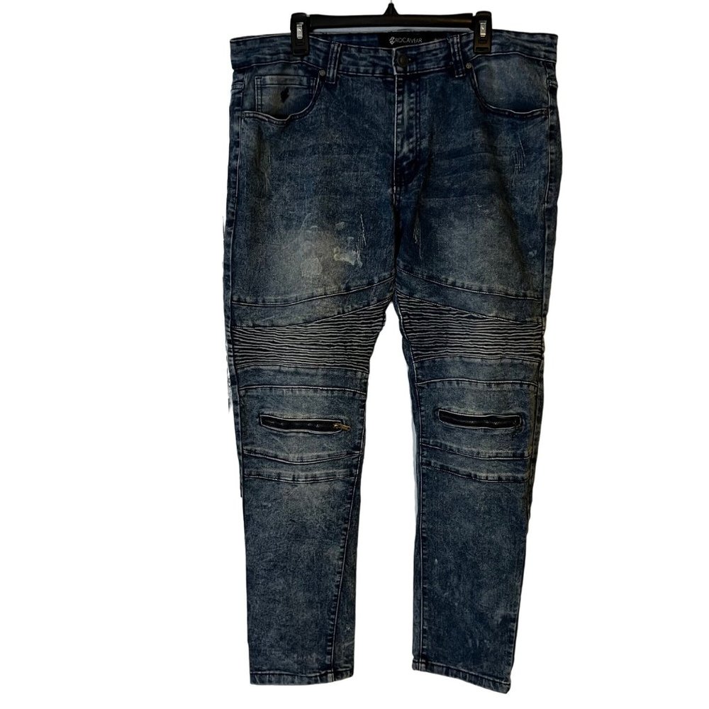 Rocawear Blue Jeans Distressed Moto Urban Streetwear Retro Zippers Ribbed Mens